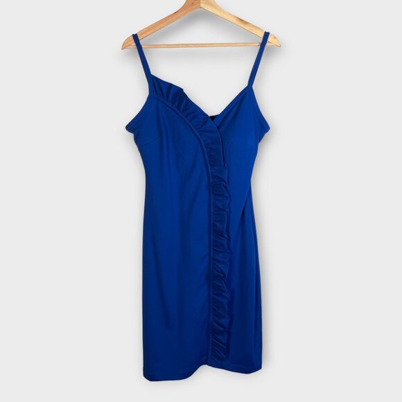 GUESS Ponte Ruffled Sheath Dress 12 Cobalt Blue Bodycon Cocktail Party NEW - Picture 4 of 10